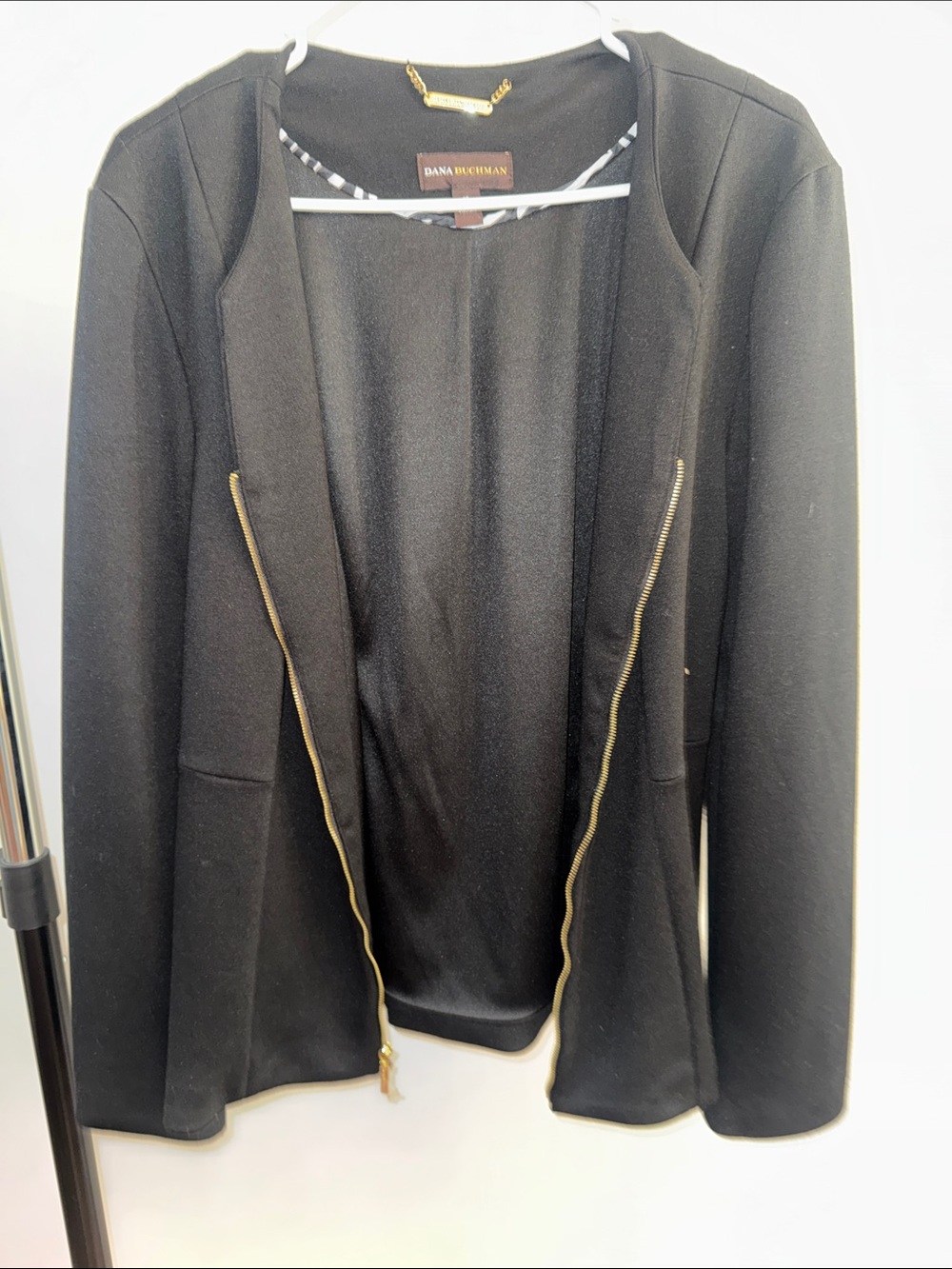 Dana Buchman Black Open-Front Blazer with Gold Zipper Detail